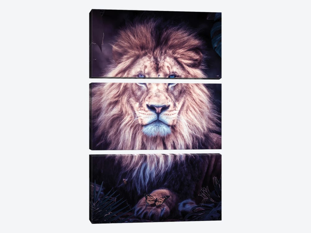 Lion Sitting In The Exotic Jungle by GEN Z 3-piece Art Print