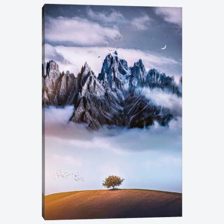 Alone Tree In Front Of The Dark Mountain Canvas Print #GEZ525} by GEN Z Canvas Art