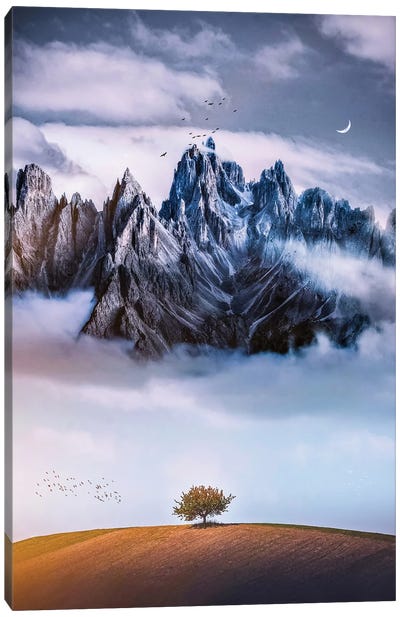 Alone Tree In Front Of The Dark Mountain Canvas Art Print