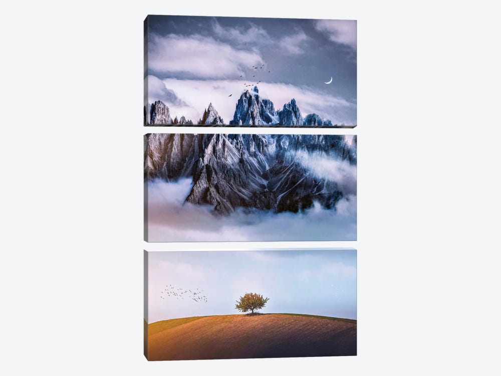 Alone Tree In Front Of The Dark Mountain by GEN Z 3-piece Canvas Art