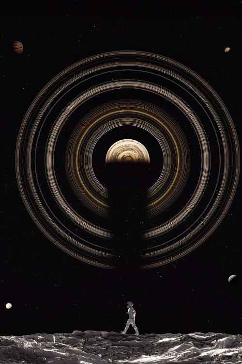 Planet Saturn Rings And Astronaut On Moon