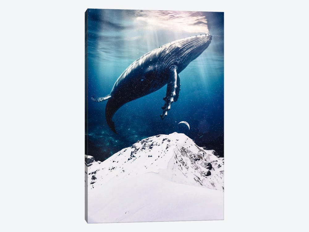 Giant Blue Whale Over The Snowing Mountains by GEN Z 1-piece Canvas Wall Art