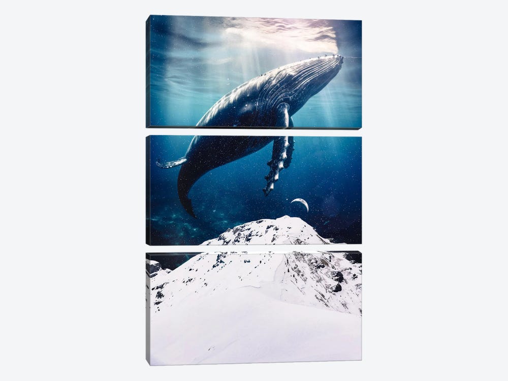 Giant Blue Whale Over The Snowing Mountains by GEN Z 3-piece Canvas Art