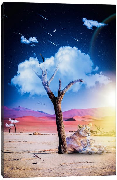 Cloud Tree And Lion Family Under Strry Night Canvas Art Print - GEN Z