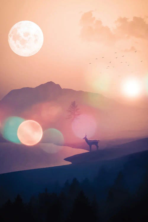 Silhouette Deer In Wild Mountain Landscape