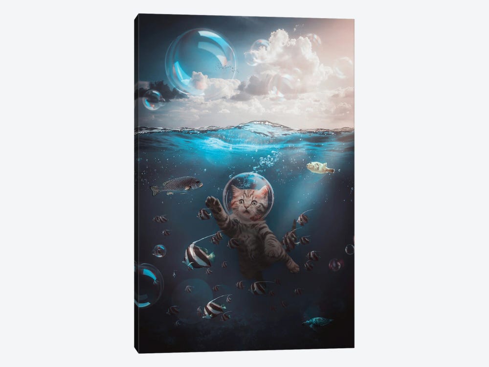 A Cute Cat Bubble With Fish Underwater Ocean by GEN Z 1-piece Canvas Print