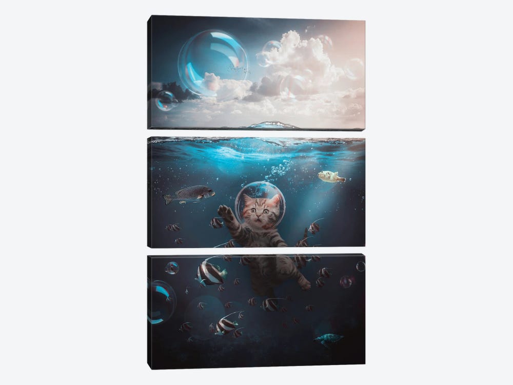 A Cute Cat Bubble With Fish Underwater Ocean by GEN Z 3-piece Canvas Print