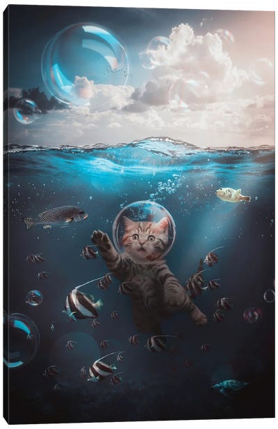 A Cute Cat Bubble With Fish Underwater Ocean Canvas Art Print - GEN Z