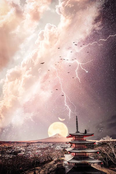 Lightning: Black Cat On Japanese Temple In Front Of Mount Fuji And Thunderstorm by GEN Z