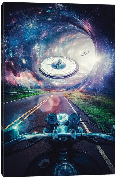 Alien Encounter On The Road Canvas Art Print - Cyberpunk Art