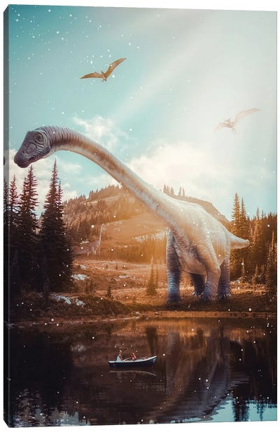 Brachiosaurus Dinosaur Near A River In Jurassic World Canvas Art Print - Prehistoric Animal Art