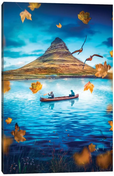 Canoe Adventure On River And Flying Leaves Canvas Art Print - Canoe Art