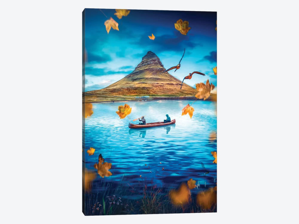 Canoe Adventure On River And Flying Leaves by GEN Z 1-piece Canvas Print