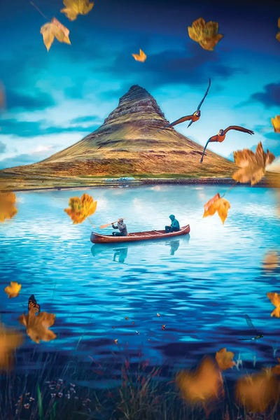 Canoe Adventure On River And Flying Leaves
