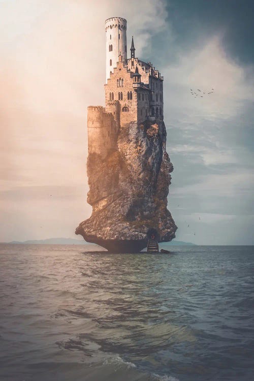 Stone Castle And Pirate's Lair In The Middle Of The Ocean