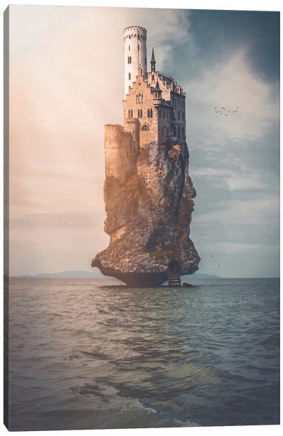 Stone Castle And Pirate's Lair In The Middle Of The Ocean Canvas Art Print - Pirates