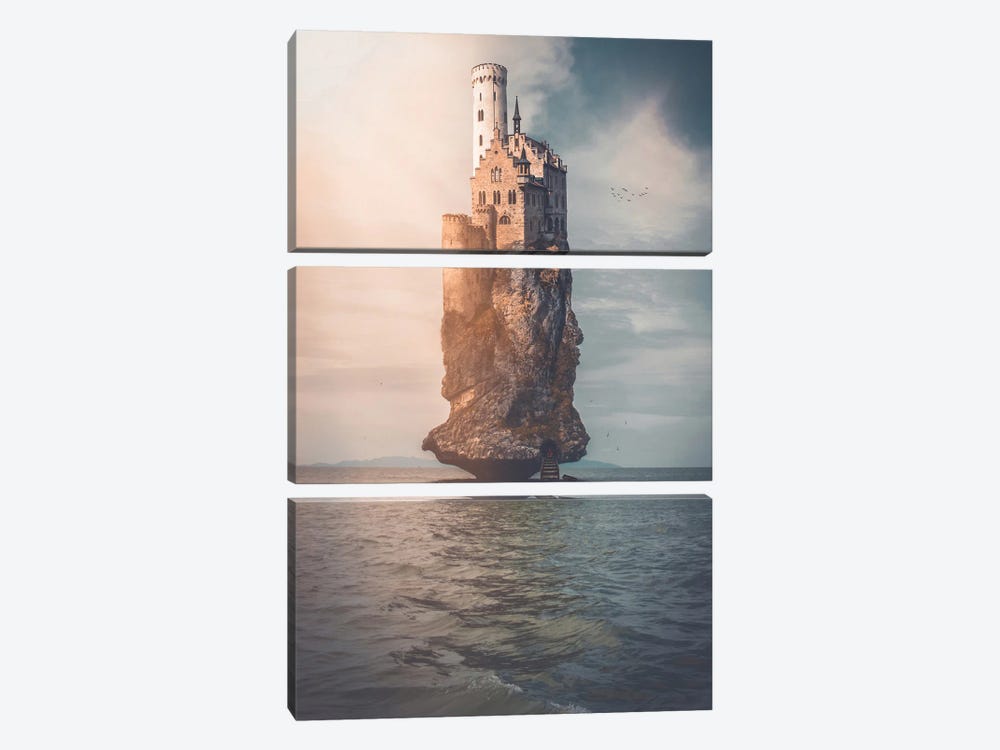 Stone Castle And Pirate's Lair In The Middle Of The Ocean by GEN Z 3-piece Canvas Artwork