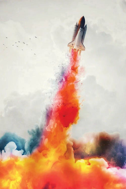 Colored Smoke From Rocket Launch In White Clouds