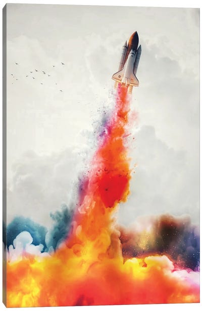 Colored Smoke From Rocket Launch In White Clouds Canvas Art Print - Space Shuttle Art