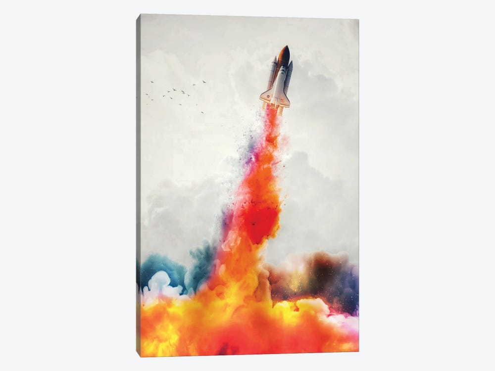 Colored Smoke From Rocket Launch In White Clouds by GEN Z 1-piece Art Print