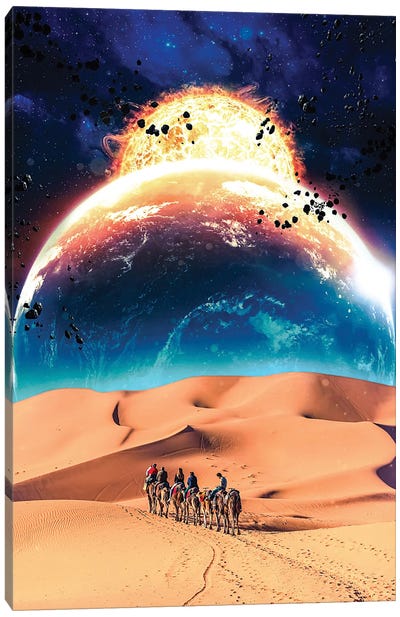 Desert Camels Space Trip Canvas Art Print - Camel Art