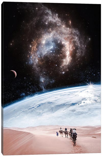 Desert Of Another Planet With Earth Space View Canvas Art Print - Alternate Realities