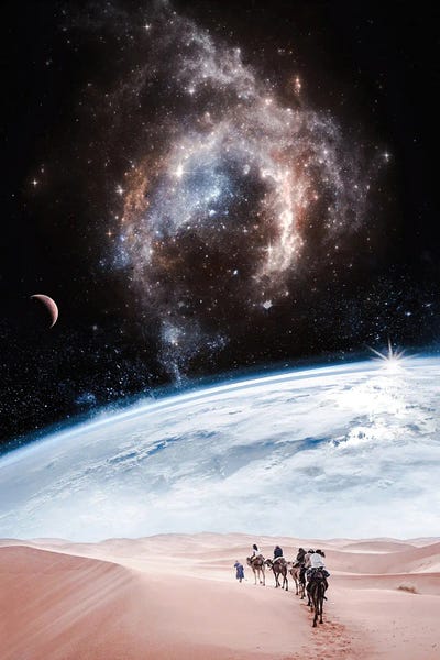 Desert Of Another Planet With Earth Space View