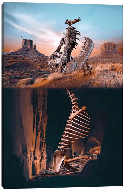 Dinosaur Skeleton And The Indian Canvas Art Print - Dinosaur Art