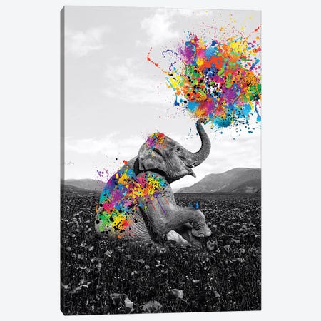 Elephant Sitting In Flowers Meadow Playing With Paint Canvas Print #GEZ84} by GEN Z Canvas Wall Art