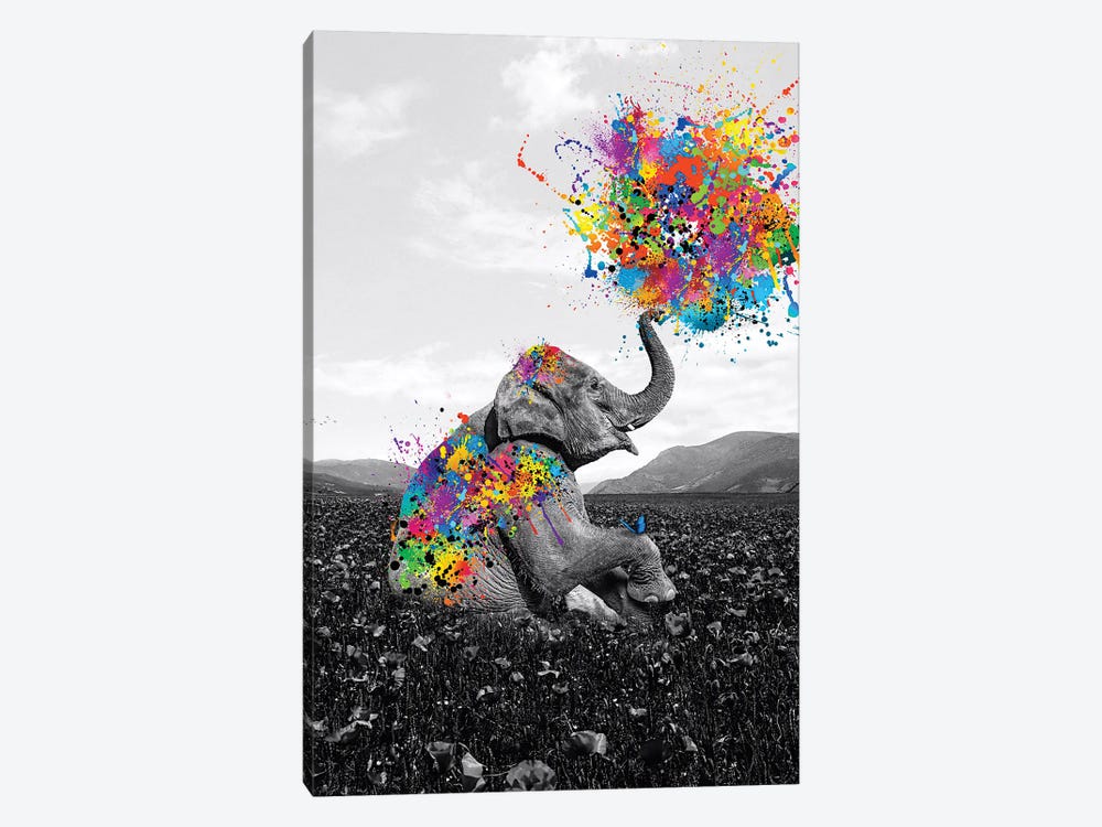 Elephant Sitting In Flowers Meadow Playing With Paint by GEN Z 1-piece Canvas Wall Art