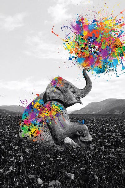 Elephants: Elephant Sitting In Flowers Meadow Playing With Paint by GEN Z