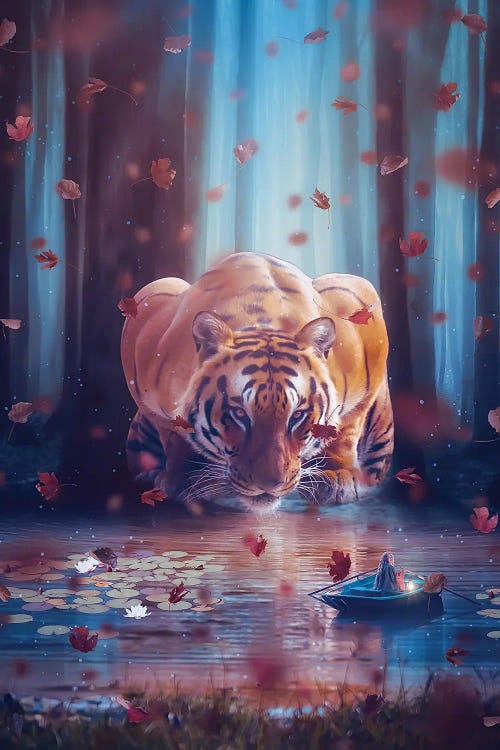 Fantasy Giant Tiger And Princess In Boat