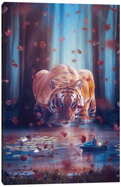 Fantasy Giant Tiger And Princess In Boat Canvas Art Print - Gentle Giants