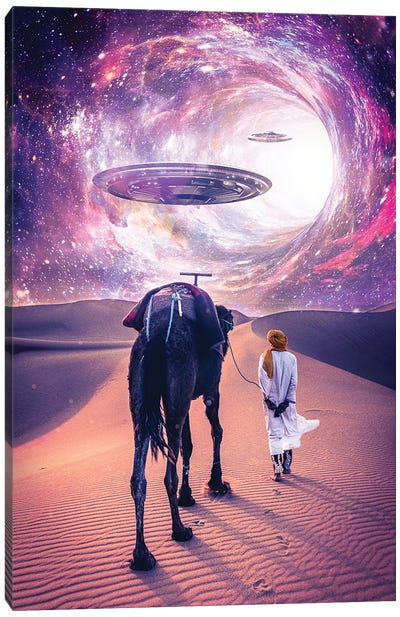 Flying Saucers In The Desert Canvas Art Print - Cyberpunk Art