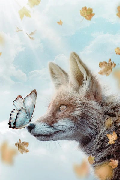 Red Fox, Blue Butterfly And Flying Leaves by GEN Z framed canvas print