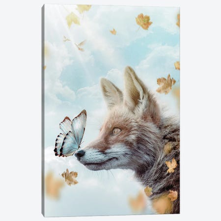Red Fox, Blue Butterfly And Flying Leaves Canvas Print #GEZ95} by GEN Z Canvas Art Print