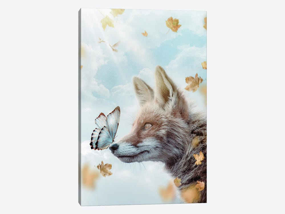 Red Fox, Blue Butterfly And Flying Leaves by GEN Z 1-piece Canvas Wall Art