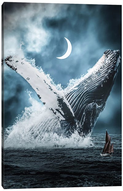 Giant Blue Whale That Dives Out Of The Ocean Canvas Art Print - Gentle Giants