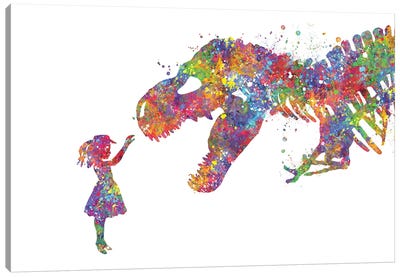 T-Rex And Girl Canvas Art Print - Kids Dinosaur Art