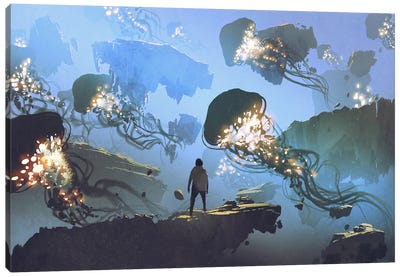 Giant Jellyfishes Floating In The Sky Canvas Art Print - grandfailure