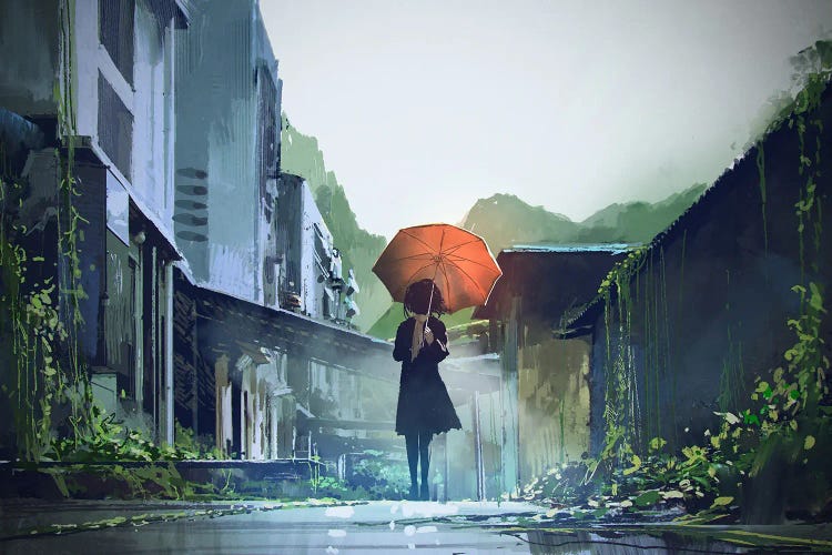 Mysterious Woman With Orange Umbrella by grandfailure wall art