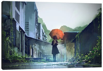 Mysterious Woman With Orange Umbrella Canvas Art Print - grandfailure
