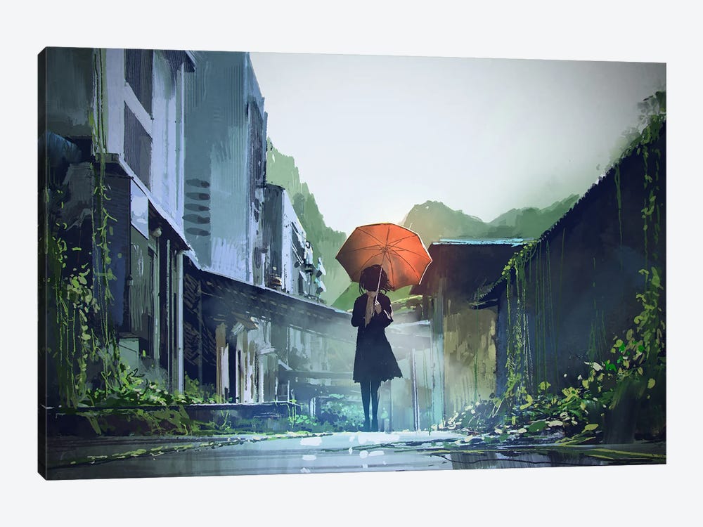 Mysterious Woman With Orange Umbrella by grandfailure 1-piece Art Print
