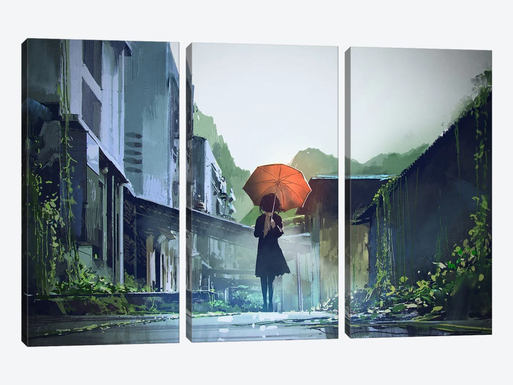 Mysterious Woman With Orange Umbrella by grandfailure 3-piece Art Print