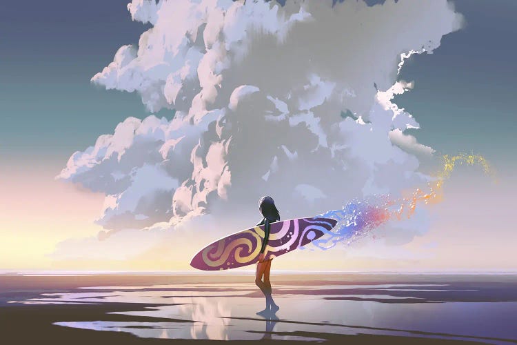 Surfer Girl With Magic Surfboard by grandfailure wall art