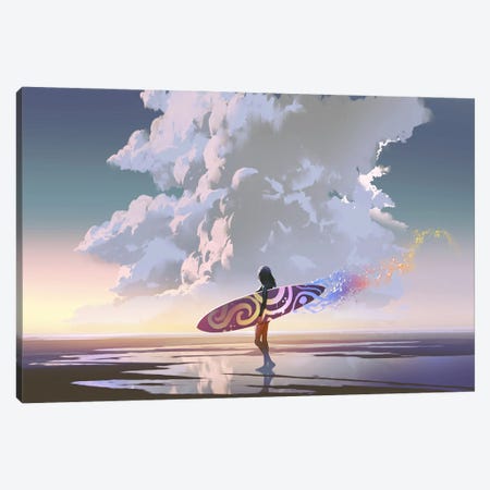 Surfer Girl With Magic Surfboard Canvas Print #GFL23} by grandfailure Art Print