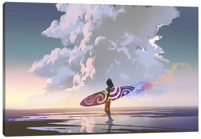 Surfer Girl With Magic Surfboard Canvas Art Print - Dreams Art