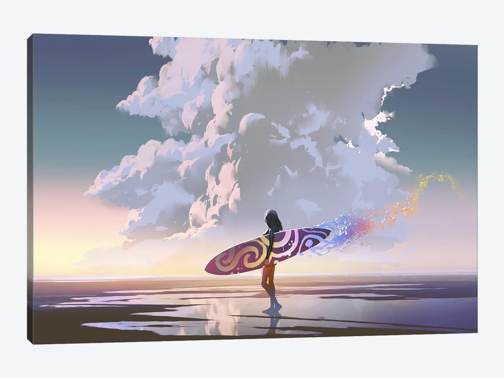 Surfer Girl With Magic Surfboard by grandfailure 1-piece Canvas Wall Art