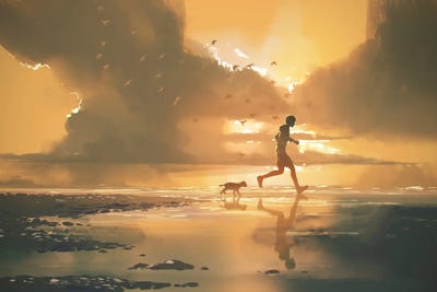 Jogging On The Beach At Sunset by grandfailure metal wall art