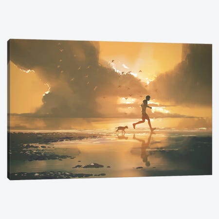 Jogging On The Beach At Sunset Canvas Print #GFL28} by grandfailure Canvas Art Print